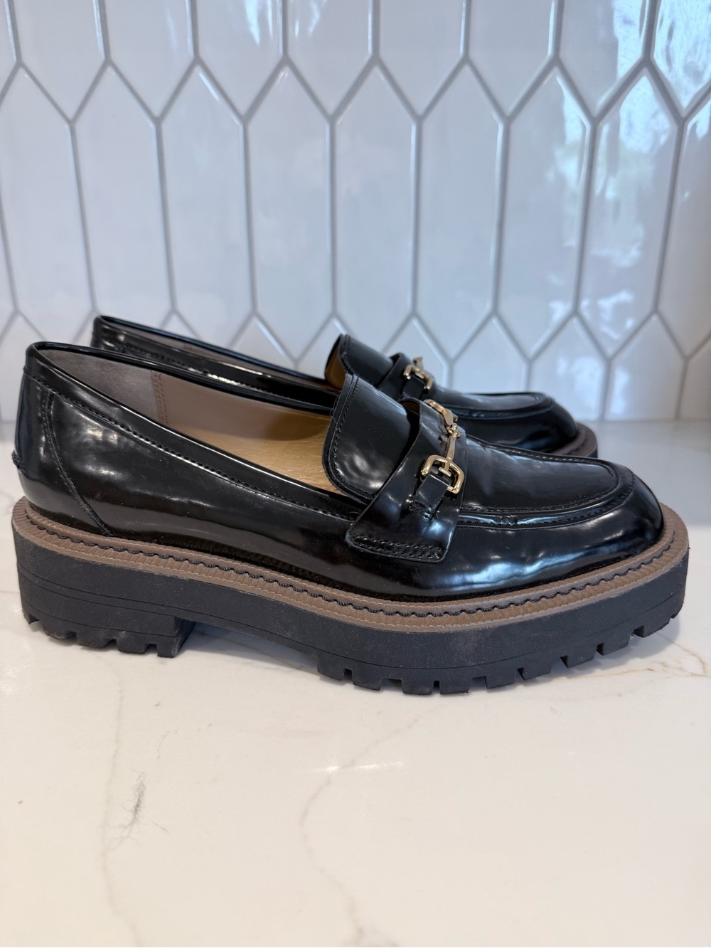 Sam Edelman Black Patent Loafers with Gold Bit and Lug Sole - Picture 2 of 5